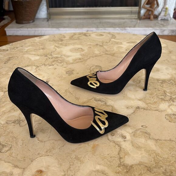 Kate Spade New York Gold “Love” Black Suede Leather Stiletto Heels Pumps - Picture 9 of 15